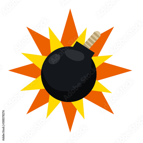 Flat black round bomb with rope wick isolated on white. Army weapon and ammunition armament. Explosive dynamite. Terrorism threat. Defense and attack. Vector cartoon danger object illustration