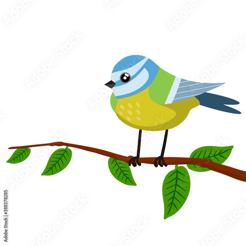 Titmouse on a tree branch. Green tree and bird. Cute forest animal. Element of spring forest landscape. Cartoon flat illustration