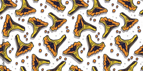Colored seamless pattern wallpaper with vegetarian chanterelle silhouette for menu. Autumn illustration of mushroom picking for nature design
