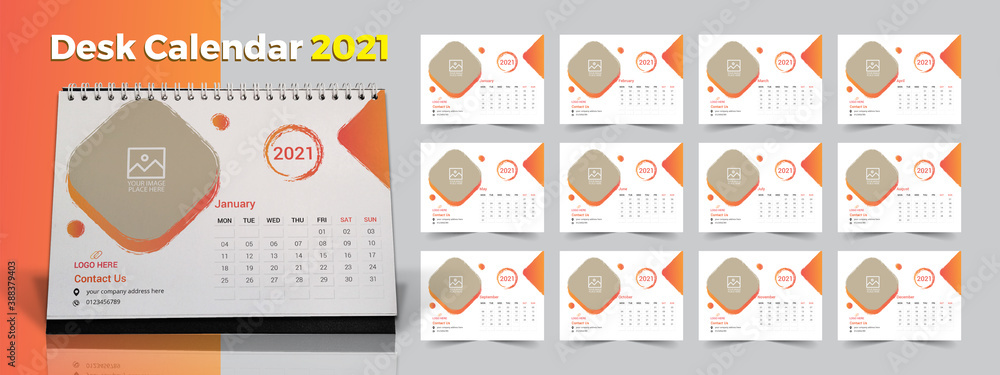 2021 desk calendar design, calendar design for 2021, Set of 12 Months, Desk calendar 2021, Calendar template.	
