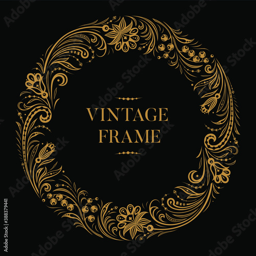 Vintage circle ornamental frame. Russian traditional folk style of hohloma. Golden ornate floral ornament on black background
