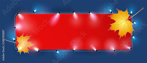 Reklame Schild beleuchtet mit Lichterkette 
Herbst Reklame Hintergrund, 
Vektor Illustration isoliert auf weißem Hintergrund
