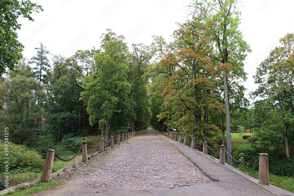 Very old stone bridge in the park next to the Manor in the Latvian Kazdanga in October 2020