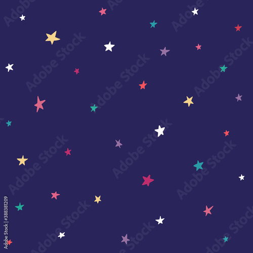 Doodle stars confetti seamless pattern.Vector illustration on blue. Hand drawn stars background. Vector illustration for print, textile, paper.