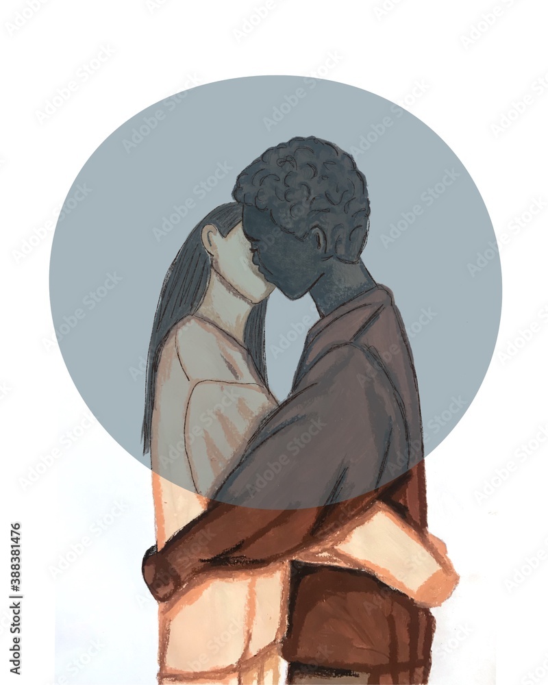 African American man kissing Asian girl. tender kiss of lovers illustration. gouache texture. valentine's day card.  watercolor strokes. love	