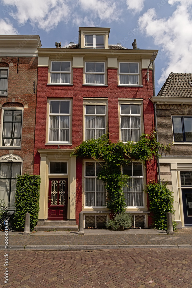 Typical traditional masonry house with front garden with climbing plant in the city of Utrecht, the Netherlands 