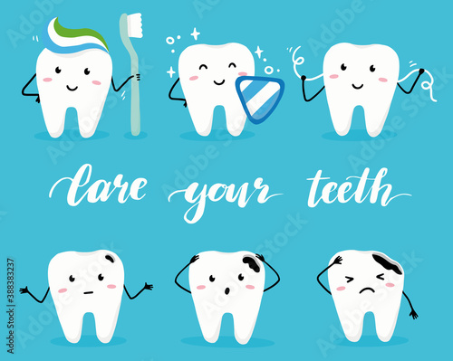 Set of happy and bad tooth character with face. Dental kawaii style illustartion for kids and children dentist design.