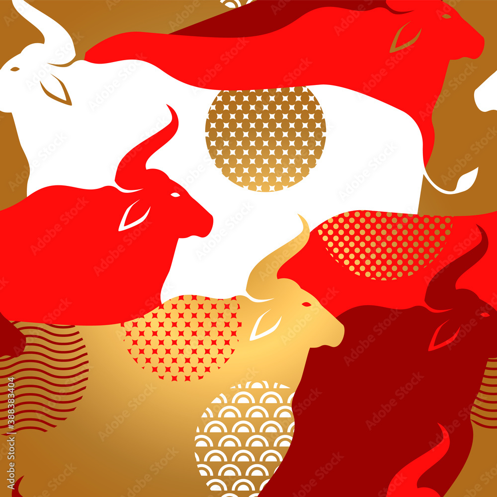 Chinese New Year ox herd gold red seamless pattern Chinese New Year ox herd gold red seamless pattern