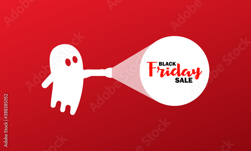Black friday sale for Halloween banner. Ghost with a flashlight. Cheap price. Vector on isolated background. EPS 10
