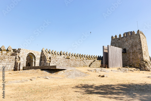 the keep tower and the chapel of Saint Mary Magdalene inside the medieval castle of Trancoso city, Guarda district, Beira Alta, Portugal
