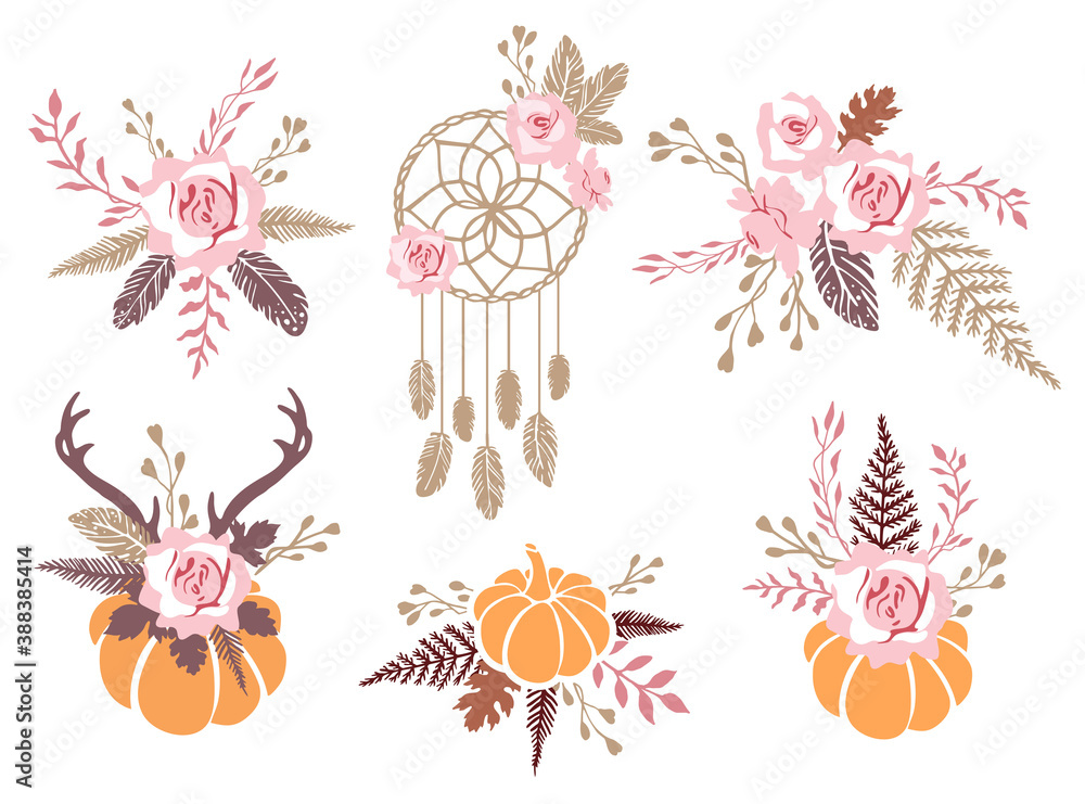 Set of vector autumn wedding boho bouquets for cards, invitation, greeting, poster, wedding decor. Pumpkins, roses, dreamcatcher, feathers, ferns, branches and leaves