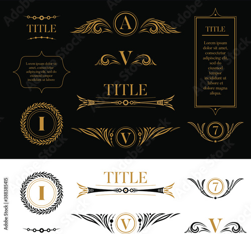 Set of design elements in retro vintage style. Golden floral ornamental details, frames, wreaths for placing logo, text or title. For card, diploma, certificate, charter. Gold on black