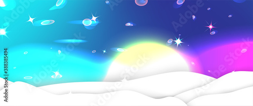 Winter arctic north and south pole landscape wit sun and northen lights. Paper cut light box christmas new year background design. Old fairy tale illustration