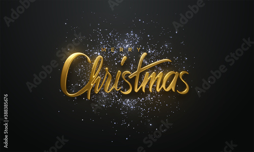 Holiday Christmas sign with glittering silver confetti. Vector 3d illustration of realistic golden label with glitters. Calligraphic banner design. Winter festive event. Merry Christmas.