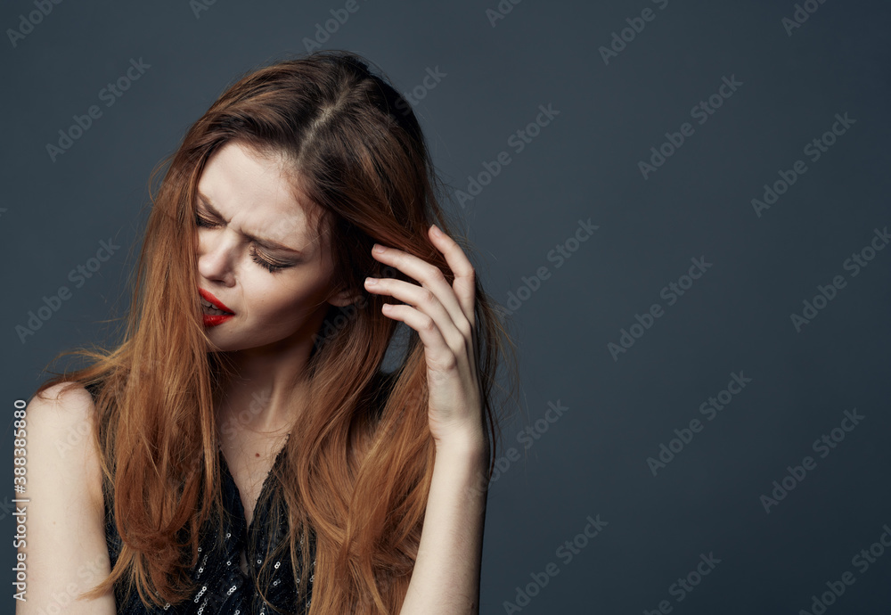 Woman in black dress red hair makeup model cropped view Copy Space Woman in black dress red hair makeup model cropped view Copy Space