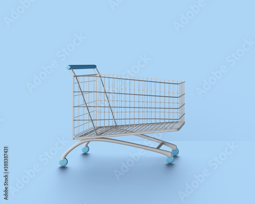 Shopping cart empty on blue background, 3d illustration