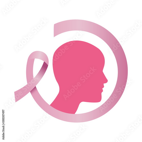 pink ribbon with woman bald profile breast cancer silhouette