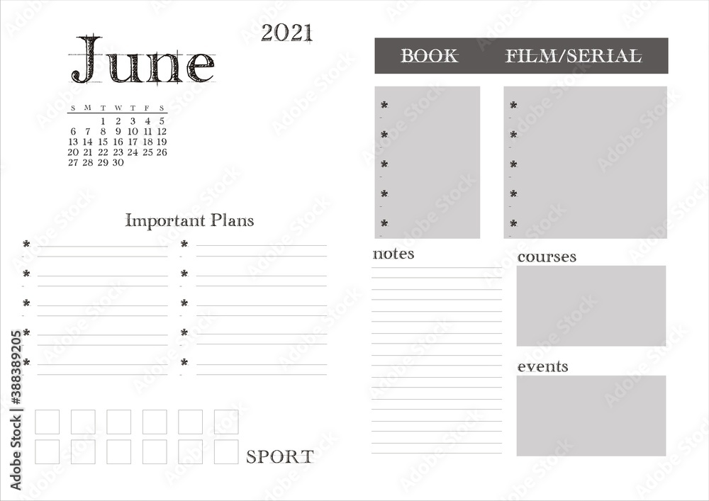 Planner for 2021. Monthly planning on June