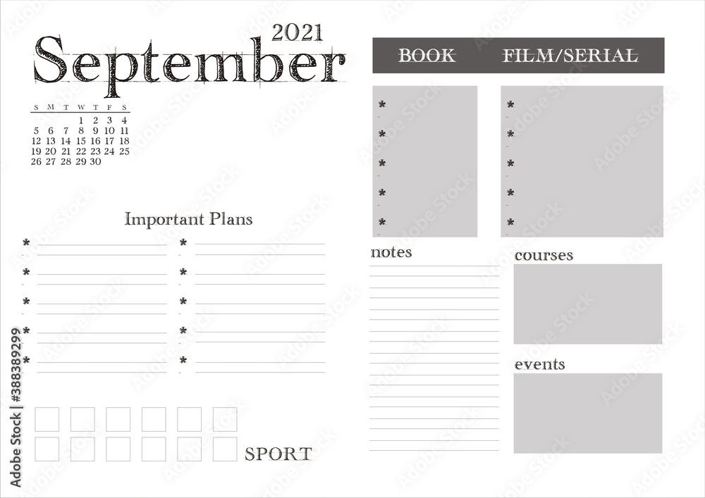 Planner for 2021. Monthly planning on September Planner for 2021. Monthly planning on September