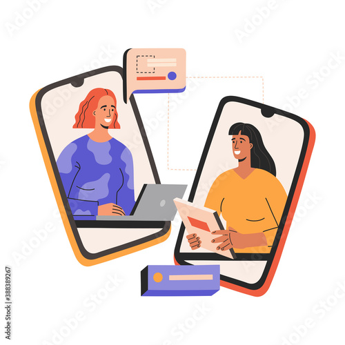 Virtual job interview, two smiling woman have business meeting, meeting by smartphone. Head hunter hiring, young employe in flat cartoon style, vector illustration, isolated in white background. 
