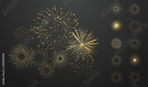 Set of isolated gold festive fireworks on a isolated background. Celebration fire show in night sky. Beautiful golden fireworks on black background. Bright decoration Christmas card, Happy New Year