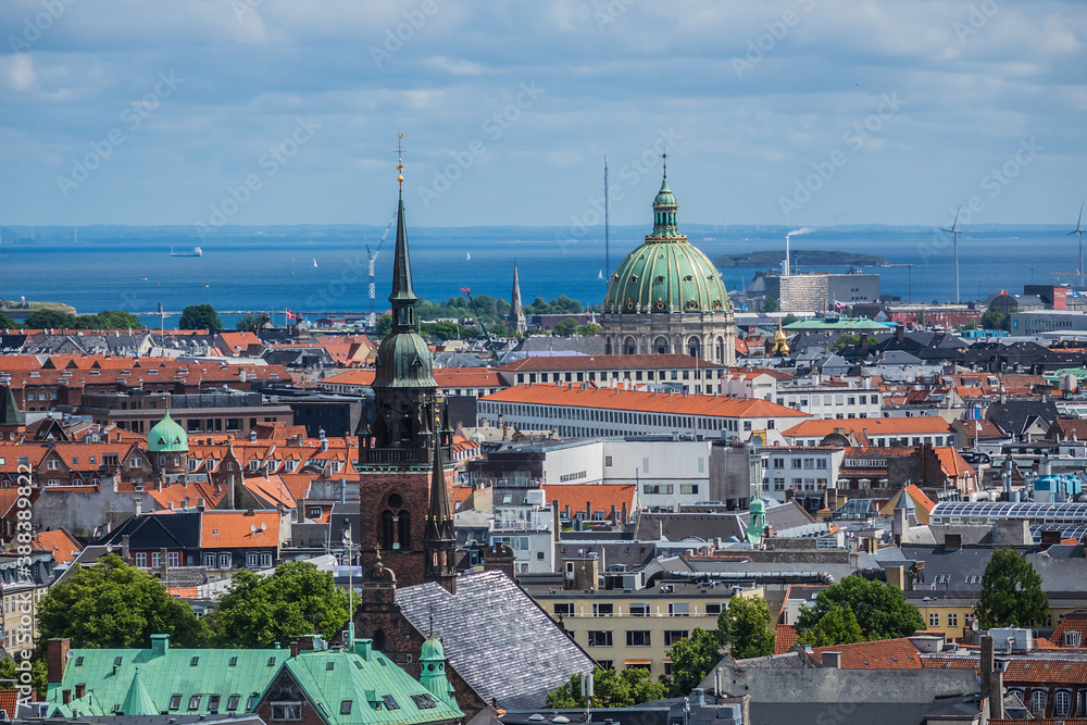 Panoramic view of Copenhagen city in sunny day from the City hall tower. Copenhagen, Denmark.