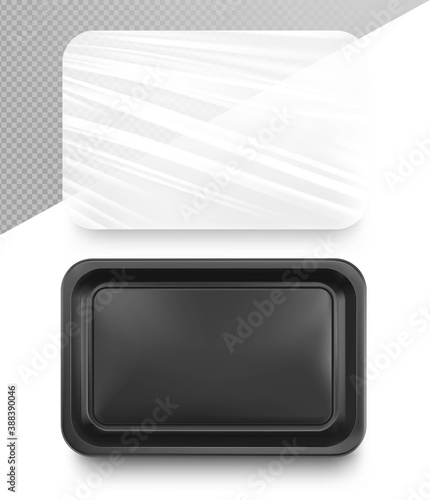 Set of horizontal tray container mockup. Vector illustration isolated on transparent background. Layered template file easy to use for your promo product: meat of animals, chicken, fish. EPS10	