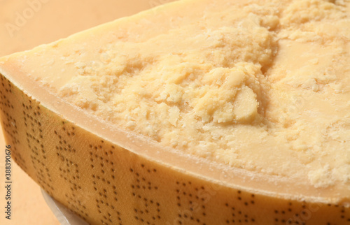 Detail of Parmigiano Reggiano cheese, macro photography in close up