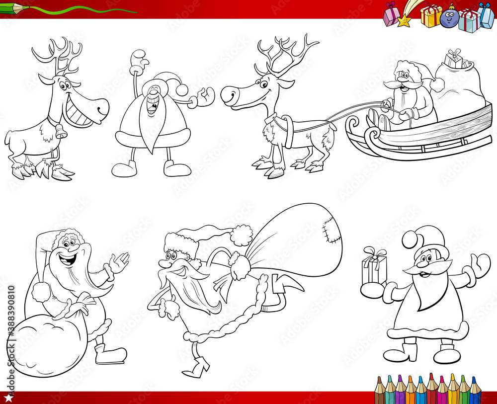 Santa Claus characters set coloring book page Santa Claus characters set coloring book page