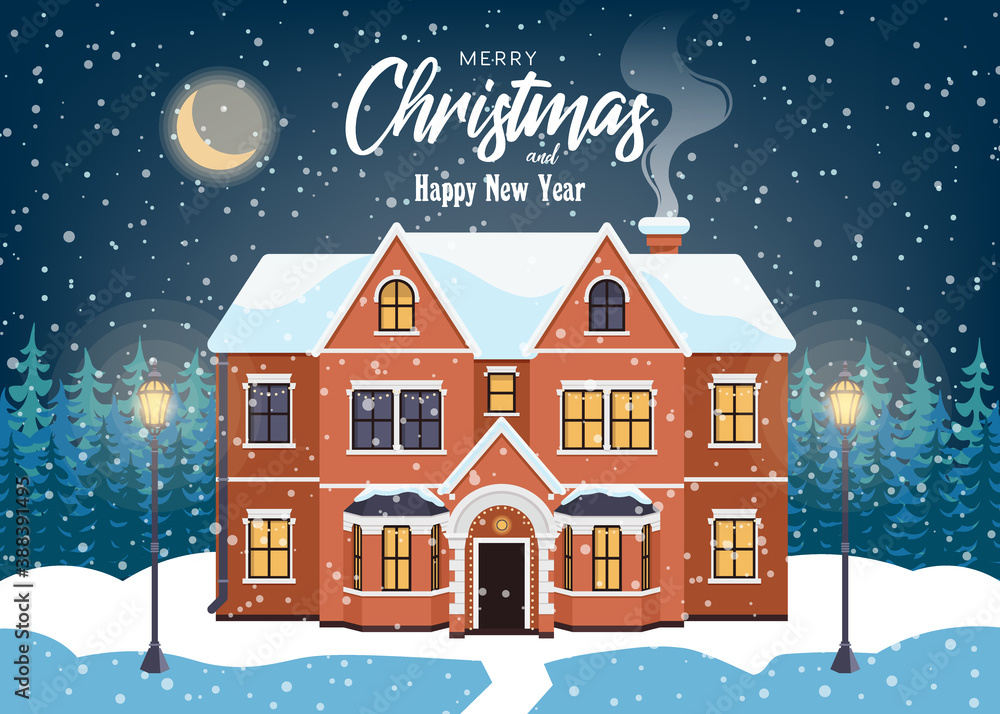 House in European style in snowfall and moon. Christmas greeting card, winter background, holidays poster, Merry christmas and happy new year, Vector illustration