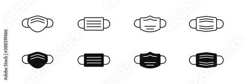 Set of Face Mask Icons for Coronavirus Covid-19 Social Distancing Pandemic. Surgical Mask, Medical Mask, N95 mask etc. Vector icon set with editable stroke