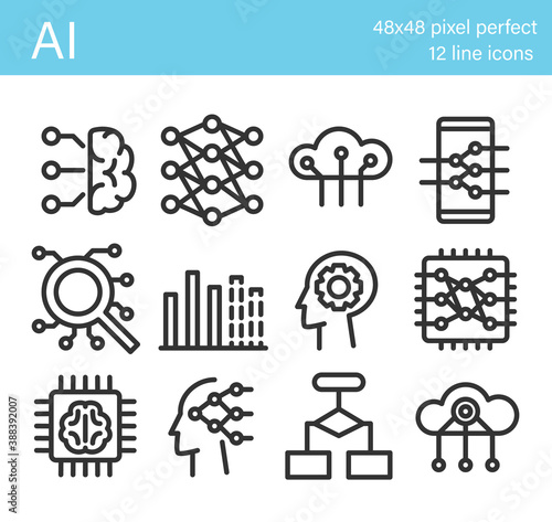 Set of artificial intelligence icons. Artificial brain, neural network