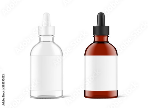 Realistic transparent and brown glass dropper bottle mockups. Vector illustration isolated on white background. Сan be used for cosmetic, medical and other needs. EPS10.	