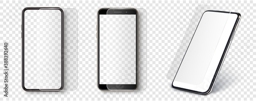 Screen Protector Glass. Transparent tempered glass shield for mobile phone. Smartphone screen and mobile with protection display coating. Mockup phone for visual ui app demonstration. Vector