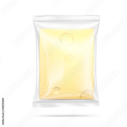 Transparent pillow bag with slices of cheese. Vector illustration isolated on white background. Can be use for template your design, promo, adv.	