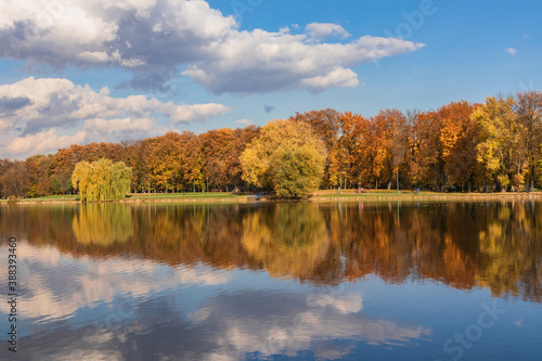 Autumn landscape park and reflection of trees in the lake