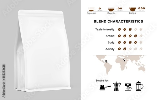 Quad seal bag mockup. Perspective view with coffee signs. Vector illustration. Best solution for presentation your brand, design, promo and etc. EPS10.	