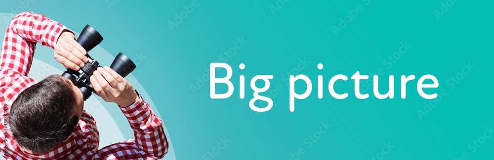 Fototapeta premium Big picture. Man observing with binoculars. Focus on text/word. Panorama format. Blue/turquoise background.