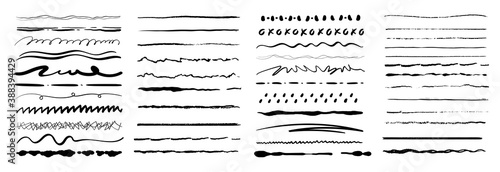 Set of artistic pen brushes. Vintage doodle underlines. Hand drawn grunge strokes. Scribble marker borders, sketch underlines. Set of black strokes. Marker hand-drawn vector line border