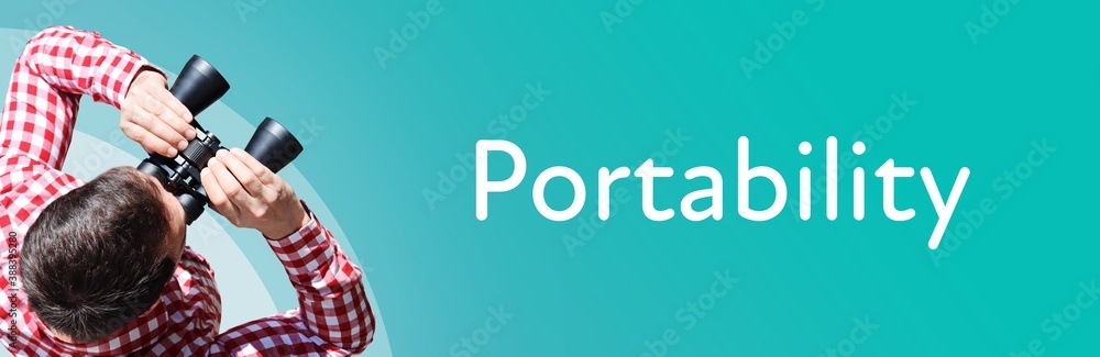Fototapeta premium Portability. Man observing with binoculars. Focus on text/word. Panorama format. Blue/turquoise background.