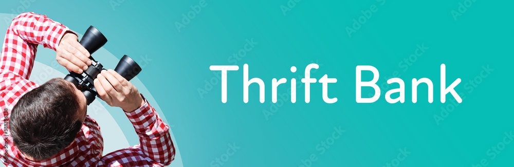 Fototapeta premium Thrift Bank. Man observing with binoculars. Focus on text/word. Panorama format. Blue/turquoise background.