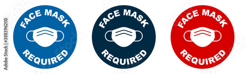 Set of face mask required vector signs. Facemask or covering must be worn in shops or public spaces during coronavirus covid-19 social distancing pandemic. Variety set of vector icons. photo