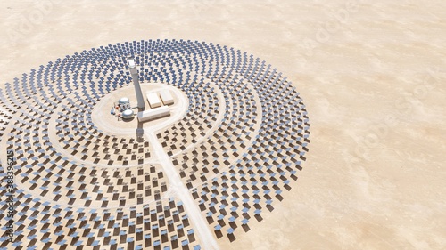 Solar thermal energy plant with a circular array of collectors. Clean energy, modern technology concept. Digital 3D render.