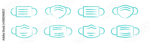 Covid-19 Face Mask Icons. Facemask face covering vector icon set in hand drawn paint brush stroke style. Facemasks, surgical mask, medical mask, n95 etc