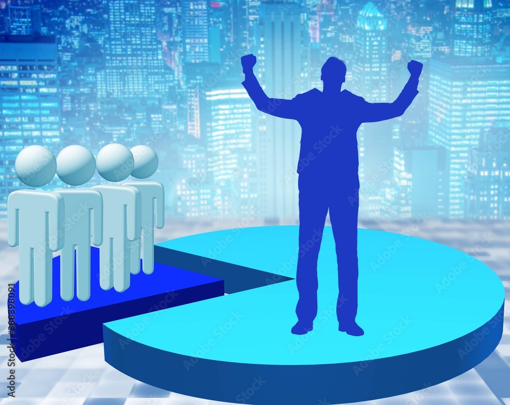Businessman standing on pie chart in business concept Businessman standing on pie chart in business concept