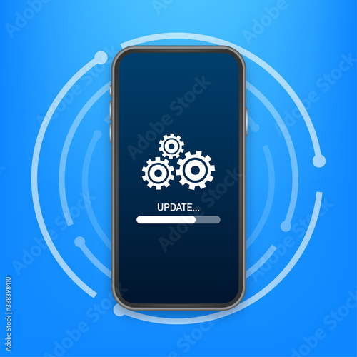 System software update, data update or synchronize with progress bar on the screen. Vector Illustration