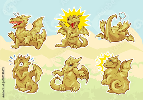cute golden dragon stickers set, emotions and activities