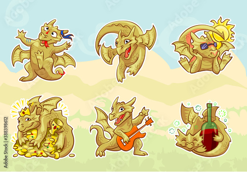 cute golden dragon stickers set, emotions and activities