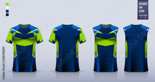 Blue Green T-shirt sport, Soccer jersey, football kit, basketball uniform, tank top, and running singlet mockup. Fabric pattern design. Vector.