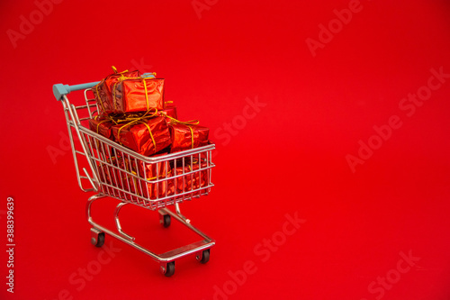 Cart, Chrismas, gifts red background Happy New Year 